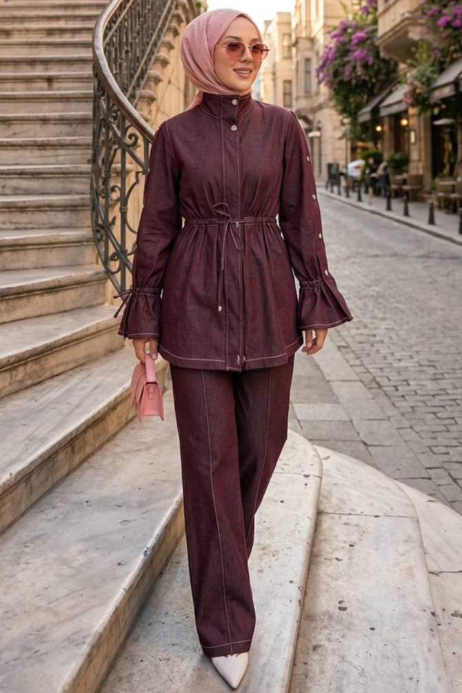 Fermuarlı Bordo Tesettür Kot İkili Takım 20123BR - 1