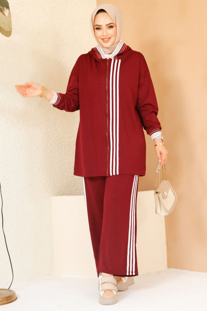 Fermuarlı Bordo Tesettür Modal Kumaş İkili Takım 60061BR - 1