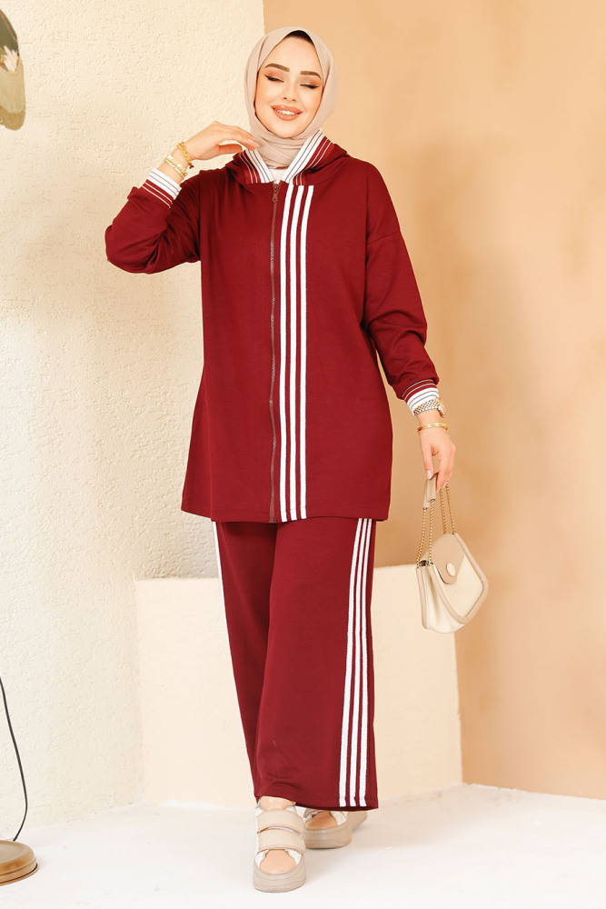 Fermuarlı Bordo Tesettür Modal Kumaş İkili Takım 60061BR - 3