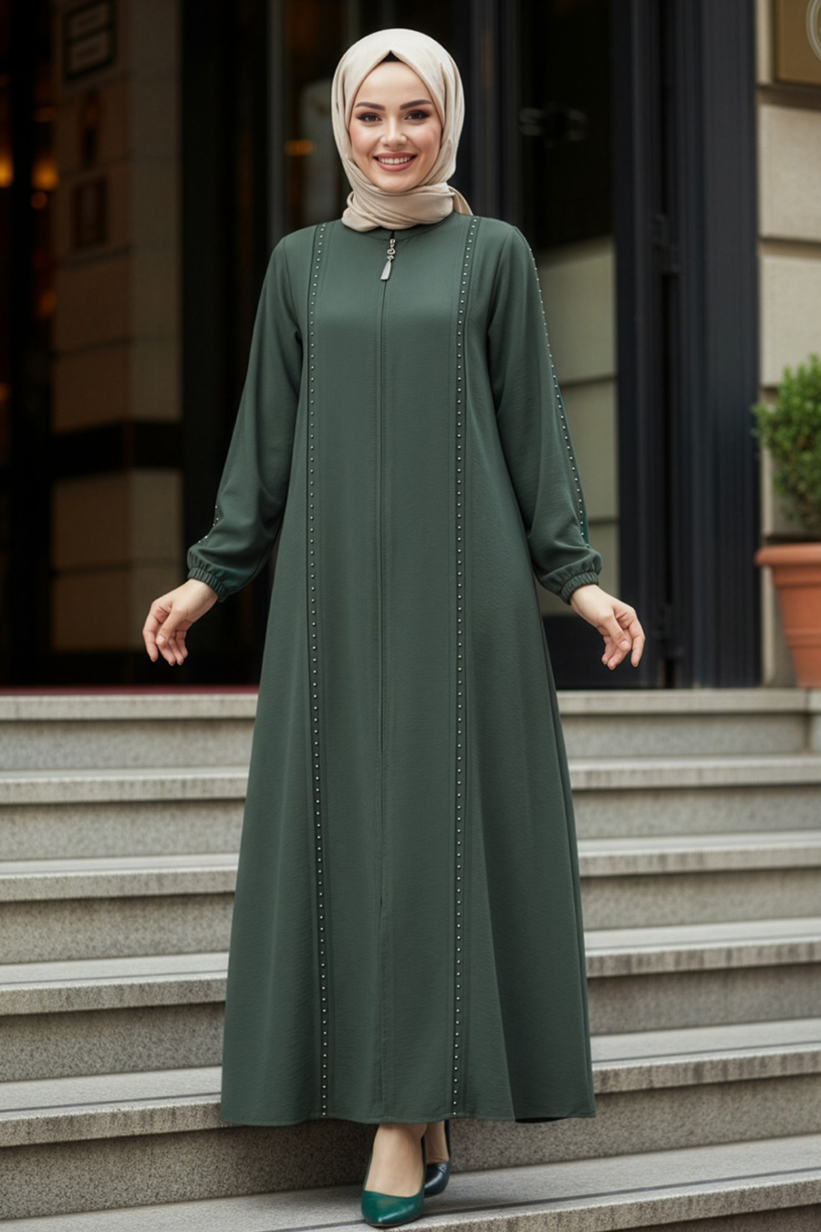 Fermuarlı Çağla Yeşili Tesettür Abaya 45317CY