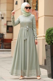 Fermuarlı Çağla Yeşili Tesettür Elbise 1366CY - Thumbnail