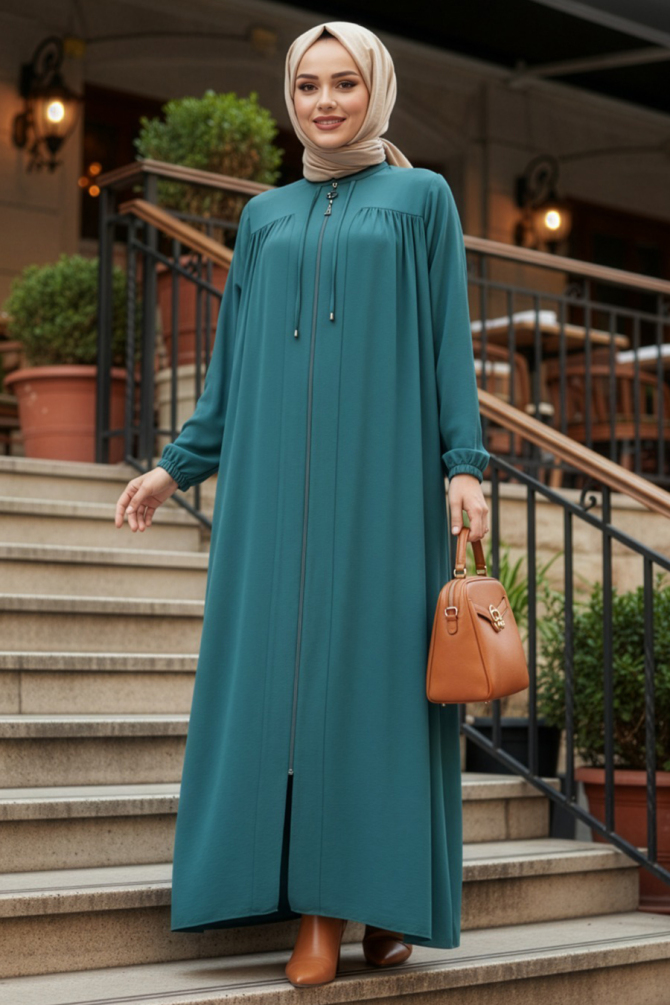 Fermuarlı Çağla Yeşili Tesettür Ferace 45290CY - N.S NEVA STYLE