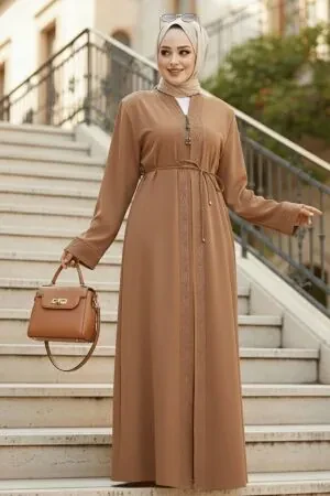 Fermuarlı Camel Tesettür Abaya 45297C - 1