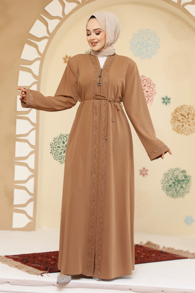 Fermuarlı Camel Tesettür Abaya 45297C - 1