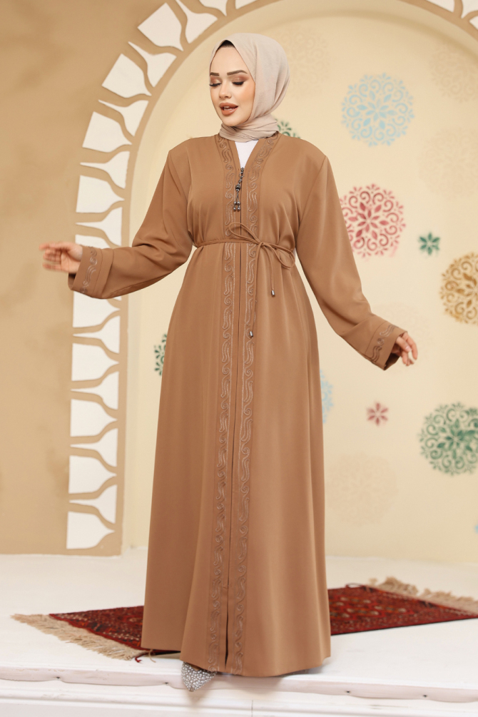 Fermuarlı Camel Tesettür Abaya 45297C - 3
