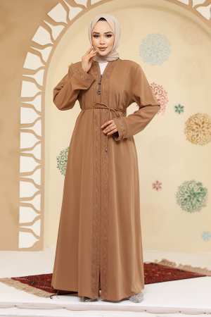Fermuarlı Camel Tesettür Abaya 45297C - 2