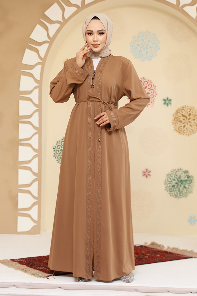 Fermuarlı Camel Tesettür Abaya 45297C - 2