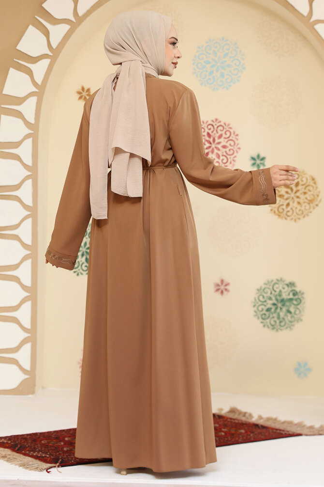 Fermuarlı Camel Tesettür Abaya 45297C - 4