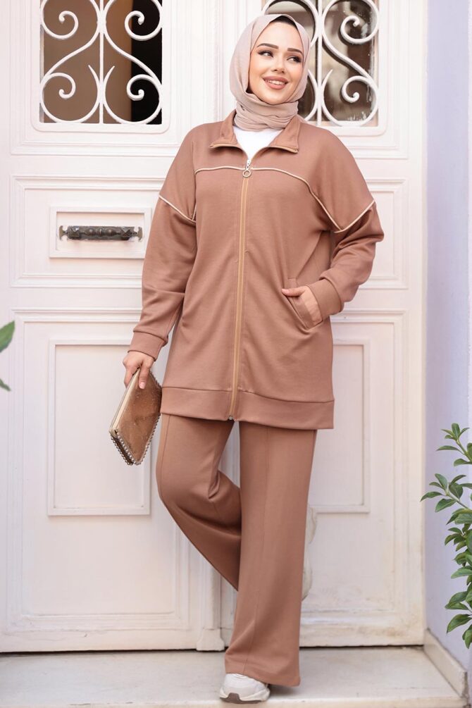 Fermuarlı Camel Tesettür İkili Takım 13231C - 3