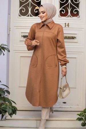 Fermuarlı Camel Tesettür Süet Kap 4438C - 2