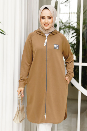 Fermuarlı Camel Tesettür Sweatshirt 30157C - 1