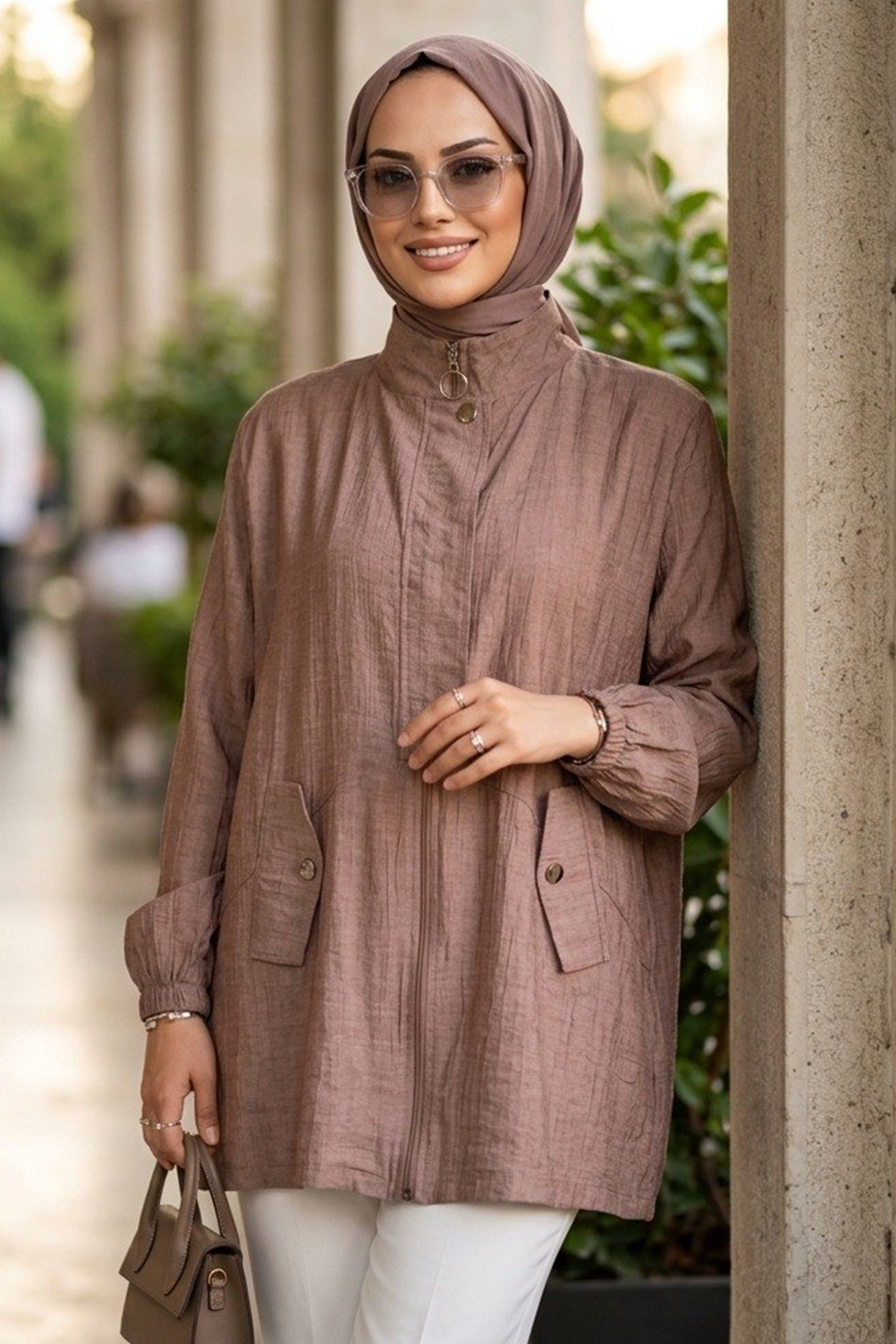 Fermuarlı Camel Tesettür Tunik 15291C