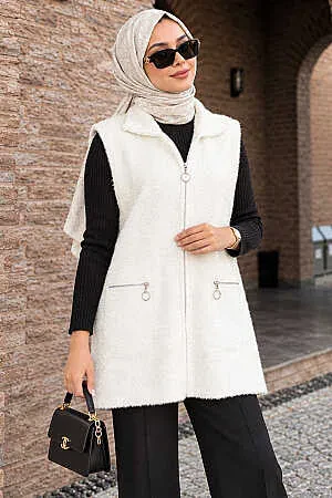 Fermuarlı Cepli Krem Sakal Angora Tesettür Triko Yelek 250735KR - 1