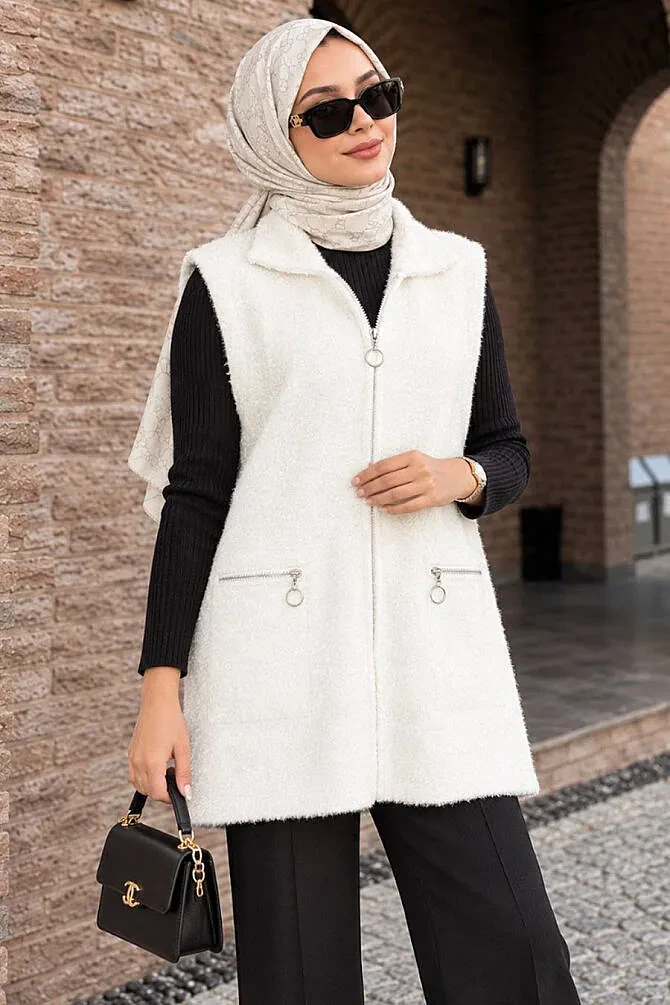Fermuarlı Cepli Krem Sakal Angora Tesettür Triko Yelek 250735KR - 1