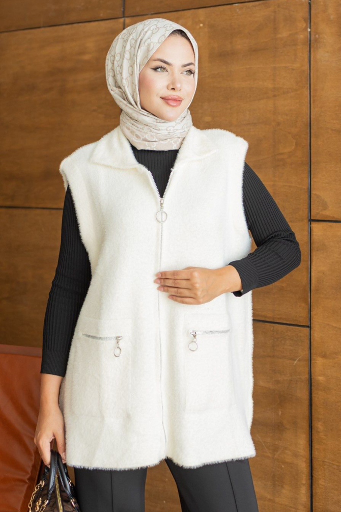 Fermuarlı Cepli Krem Sakal Angora Tesettür Triko Yelek 250735KR - 1