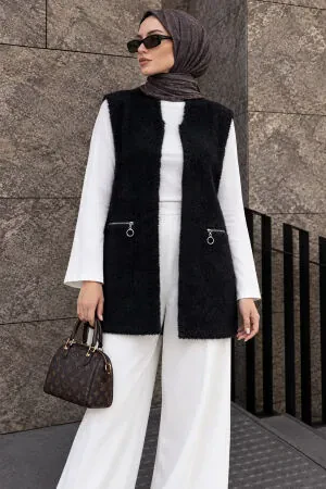 Gilet long en maille à fermeture zippée à poches Sakal en angora – Noir 250735S - N.S NEVA STYLE
