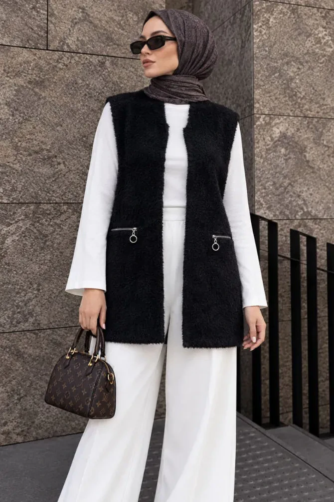 Fermuarlı Cepli Siyah Sakal Angora Tesettür Triko Yelek 250735S - 1