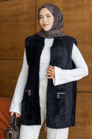 Fermuarlı Cepli Siyah Tesettür Triko Yelek 250735S - N.S NEVA STYLE