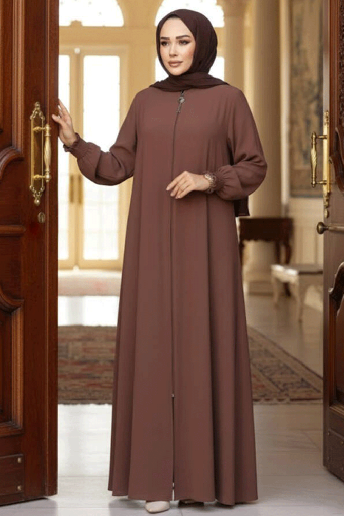Fermuarlı Çikolatalı Tesettür Ferace 45287CK - 1