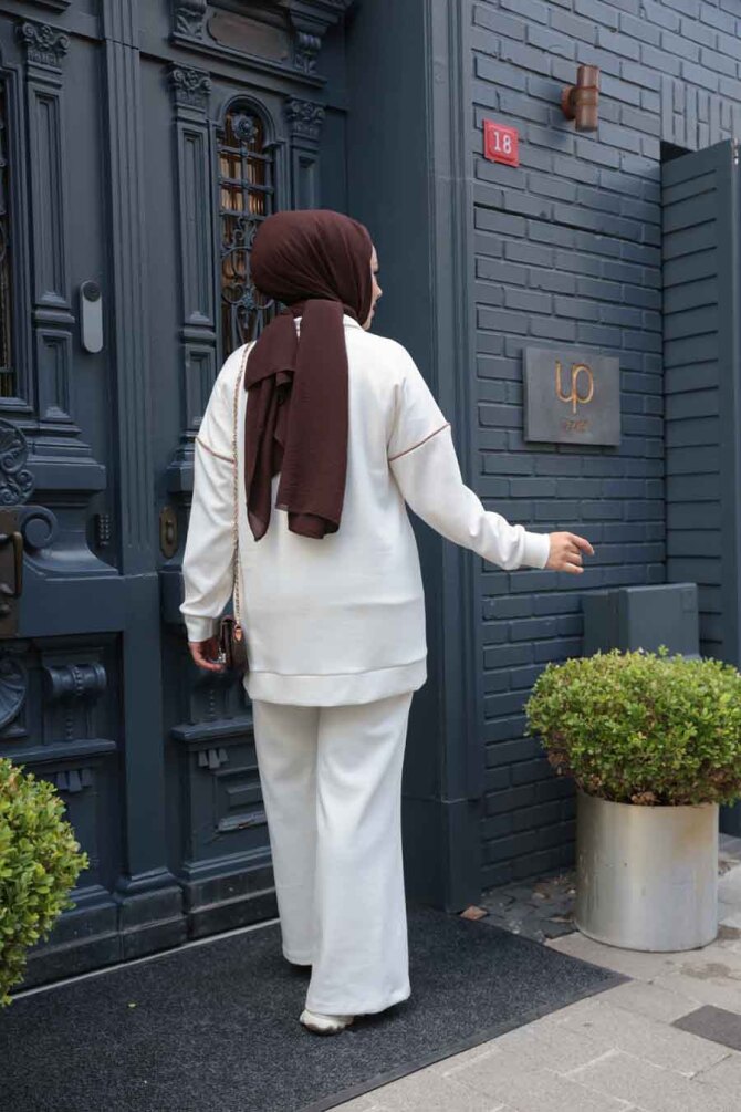 Fermuarlı Ekru Tesettür İkili Takım 13231E - 4