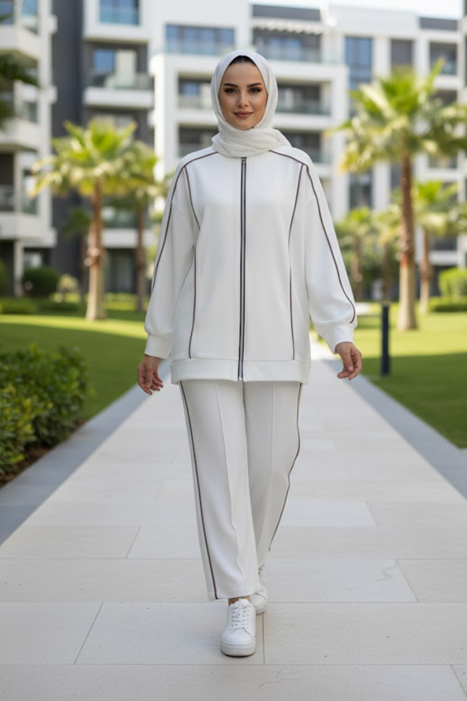 Fermuarlı Ekru Tesettür İkili Takım 13361E - N.S NEVA STYLE