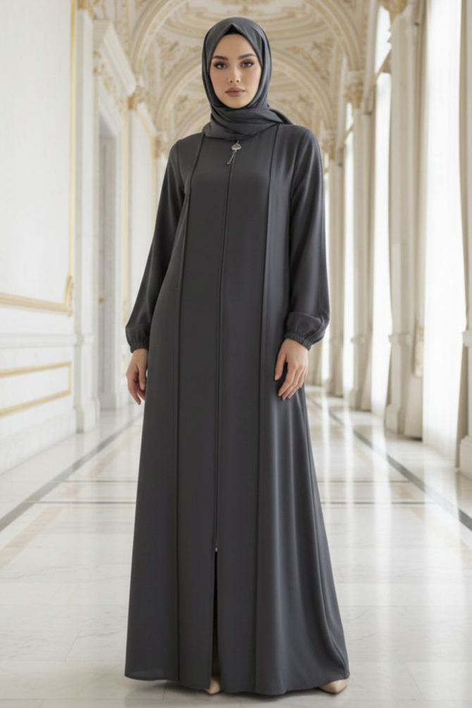 Fermuarlı Füme Tesettür Abaya 45307FU - N.S NEVA STYLE