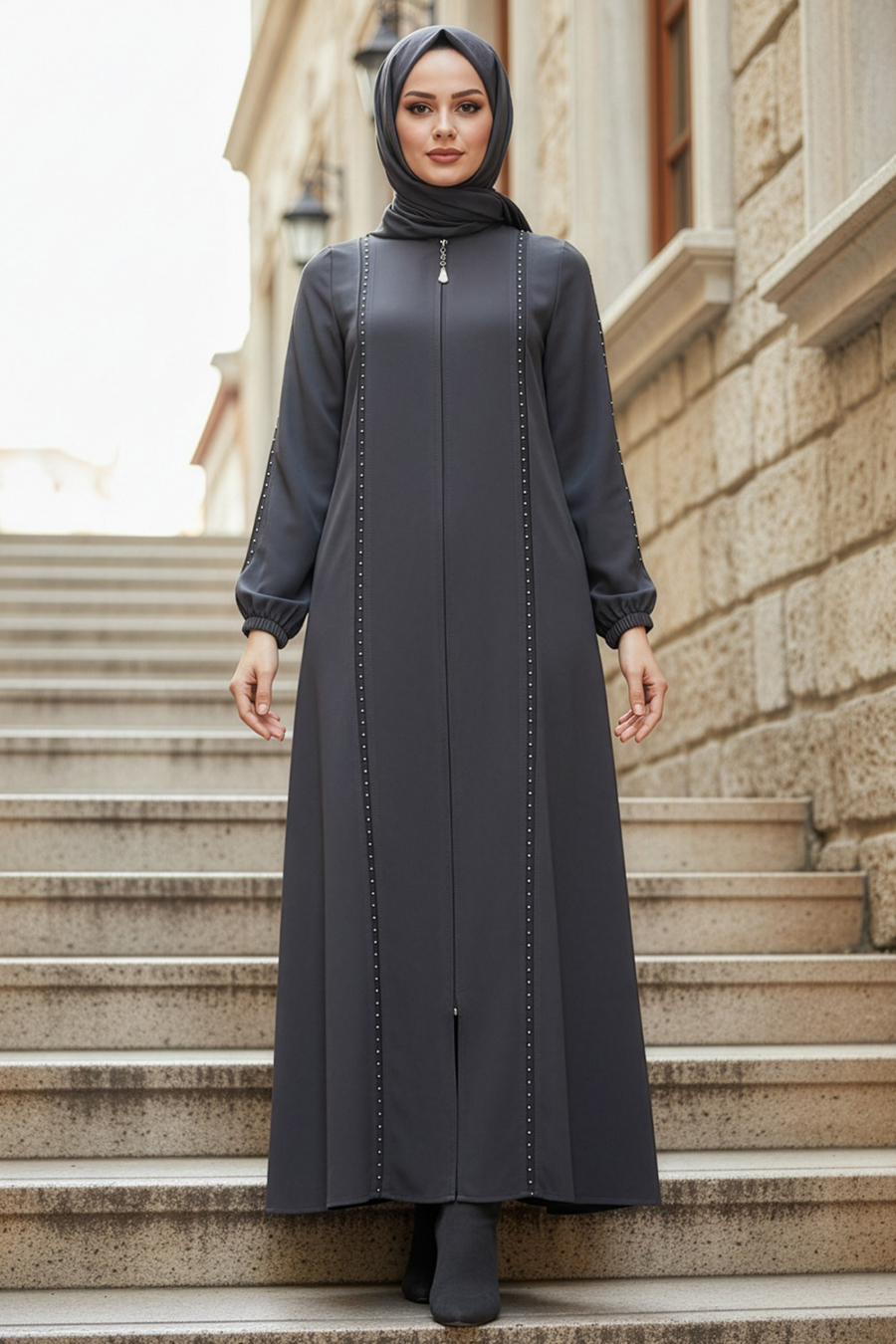 Fermuarlı Füme Tesettür Abaya 45317FU