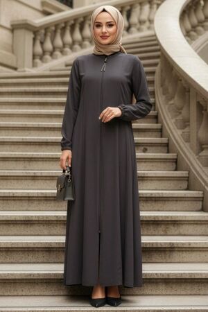 Fermuarlı Füme Tesettür Abaya 45319FU 