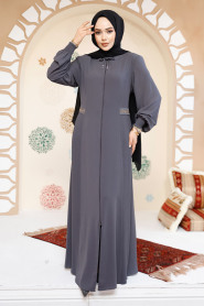 Fermuarlı Füme Tesettür Abaya 8104FU - 2