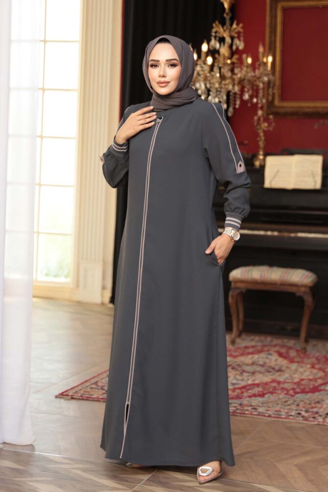 Fermuarlı Füme Tesettür Ferace 26381FU - 3