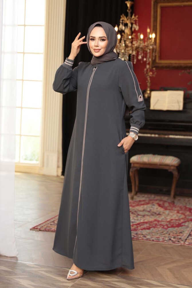 Fermuarlı Füme Tesettür Ferace 26381FU - 1