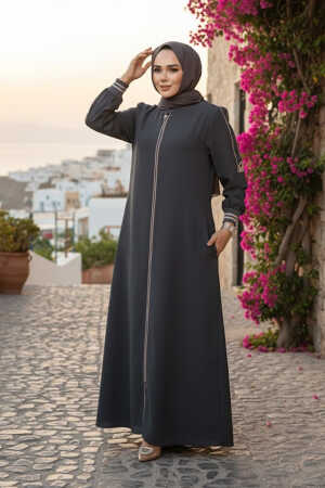 Fermuarlı Füme Tesettür Ferace 26381FU - 1
