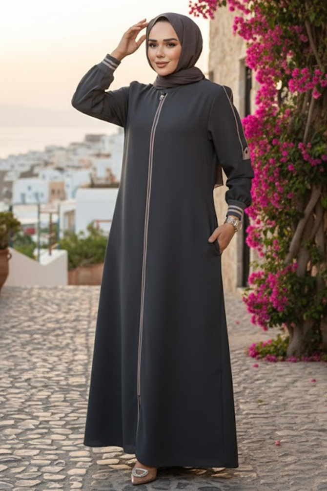 Fermuarlı Füme Tesettür Ferace 26381FU - 1