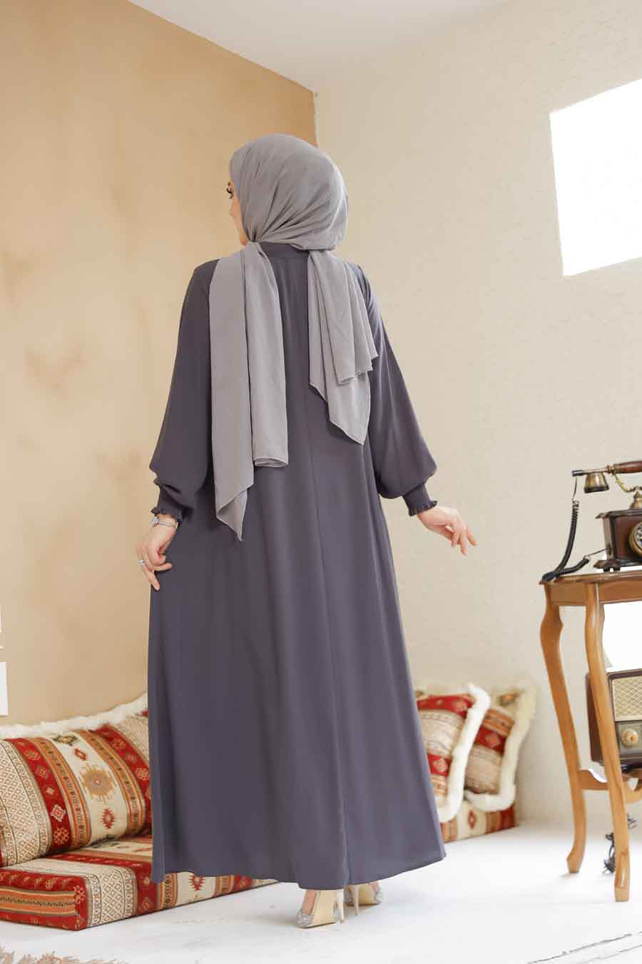 Fermuarlı Füme Tesettür Ferace 45287FU - 4
