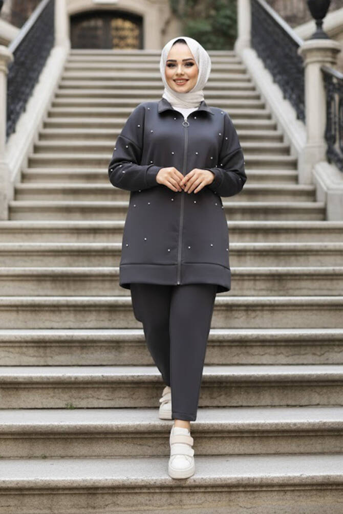 Fermuarlı Füme Tesettür İkili Takım 12401FU - NEVA STYLE