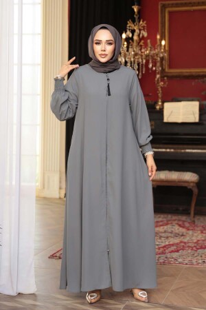 Fermuarlı Gri Tesettür Abaya 26302GR - 1