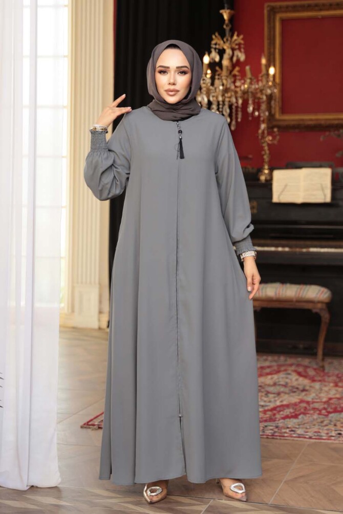 Fermuarlı Gri Tesettür Abaya 26302GR - 1