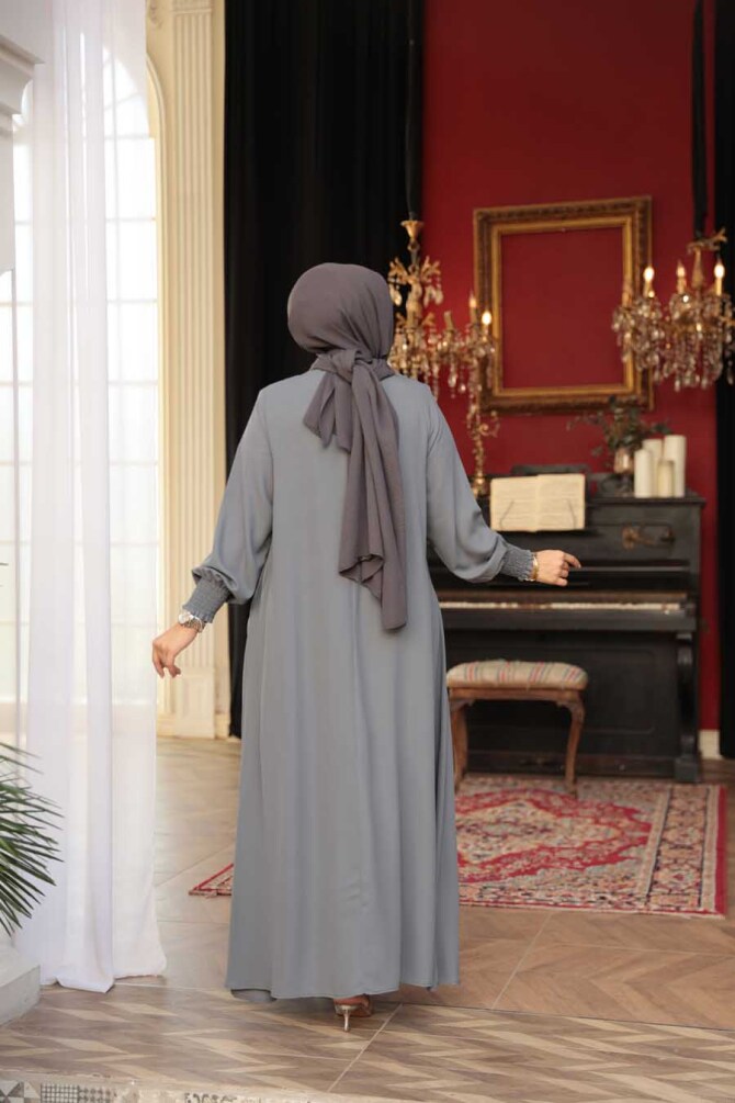 Fermuarlı Gri Tesettür Abaya 26302GR - 2