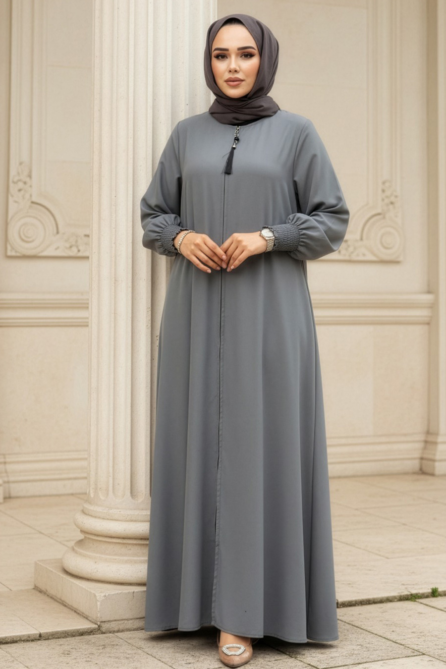 Fermuarlı Gri Tesettür Abaya 26302GR