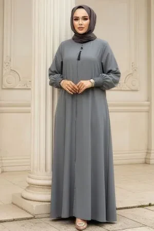 Fermuarlı Gri Tesettür Abaya 26302GR - 1