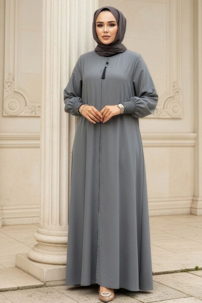 Fermuarlı Gri Tesettür Abaya 26302GR - 1