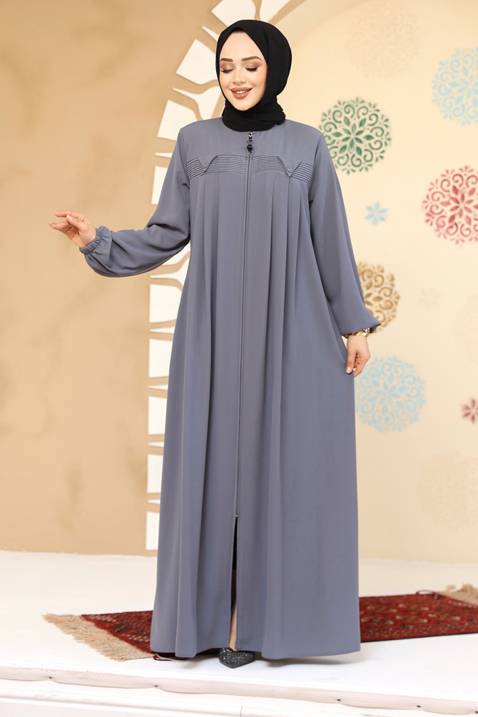 Fermuarlı Gri Tesettür Abaya 45295GR - 2