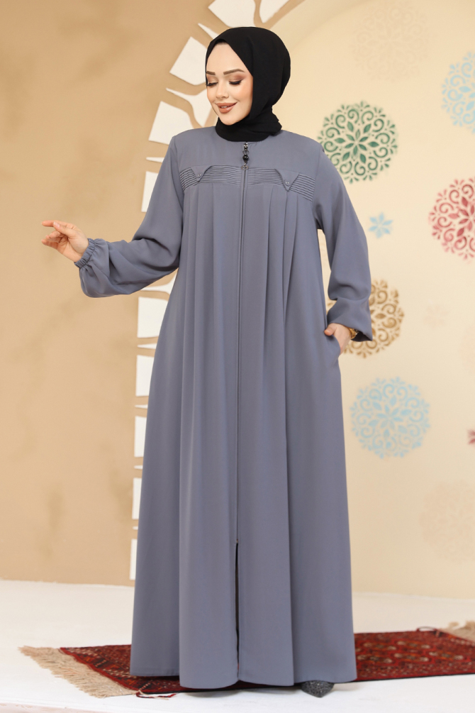 Fermuarlı Gri Tesettür Abaya 45295GR - 1