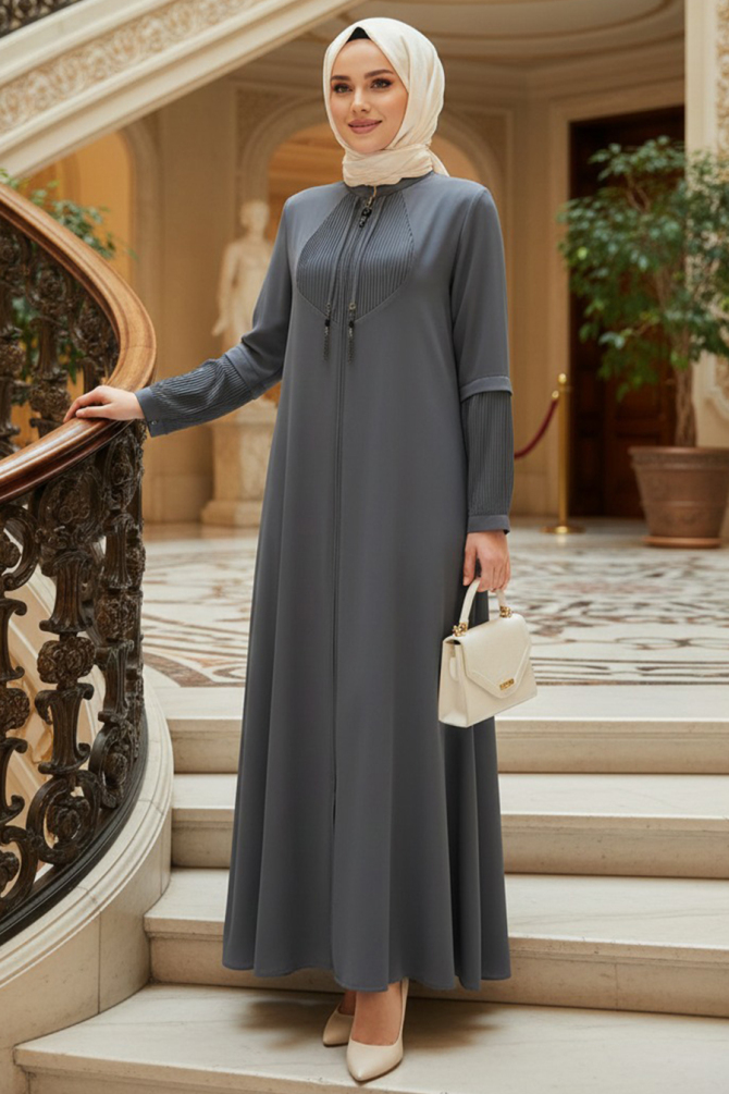 Fermuarlı Gri Tesettür Abaya 45298GR - 1