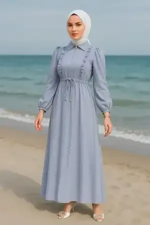 Fermuarlı Gri Tesettür Elbise 17021GR 