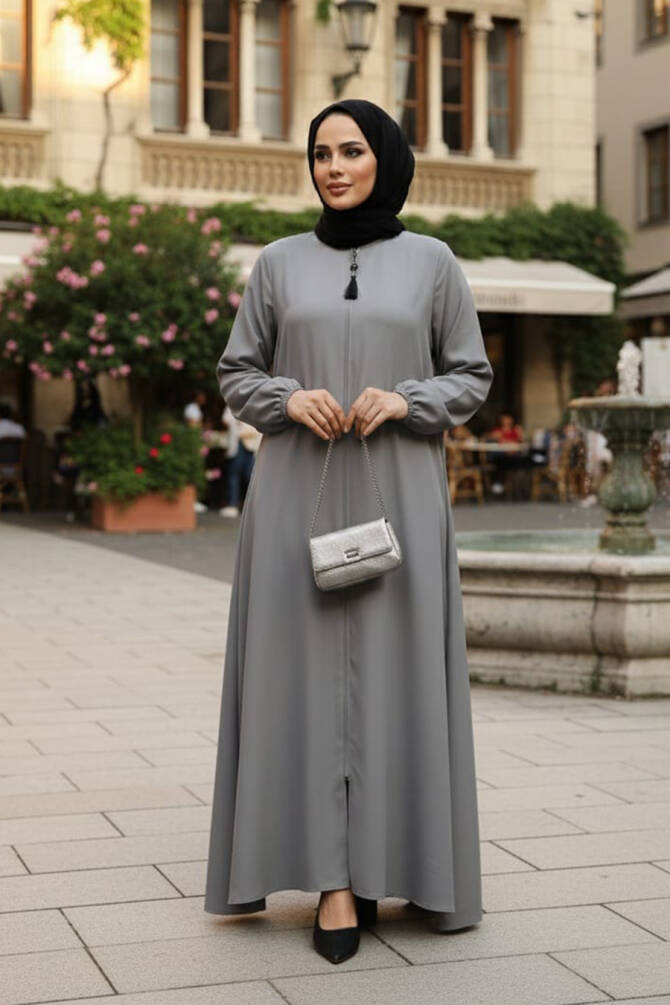 Fermuarlı Gri Tesettür Ferace 26301GR - 1