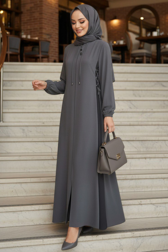 Fermuarlı Gri Tesettür Ferace 45308GR - N.S NEVA STYLE
