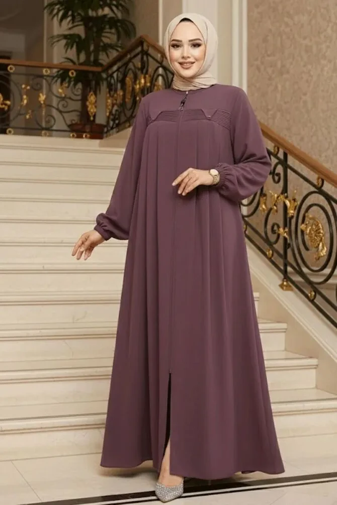 Fermuarlı Gül Kurusu Tesettür Abaya 45295GK - 1