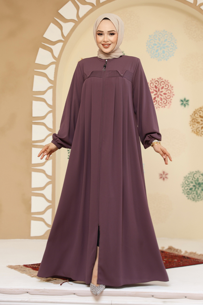 Fermuarlı Gül Kurusu Tesettür Abaya 45295GK - 1