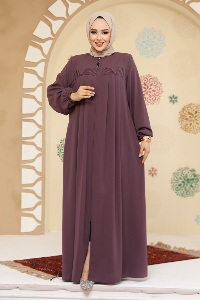 Fermuarlı Gül Kurusu Tesettür Abaya 45295GK - 2